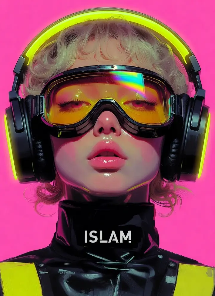 Vibrant portrait of a figure (against a pink backdrop) in neon headphones and goggles, generated by AI, included in the Artistic Image Display from AIde.art