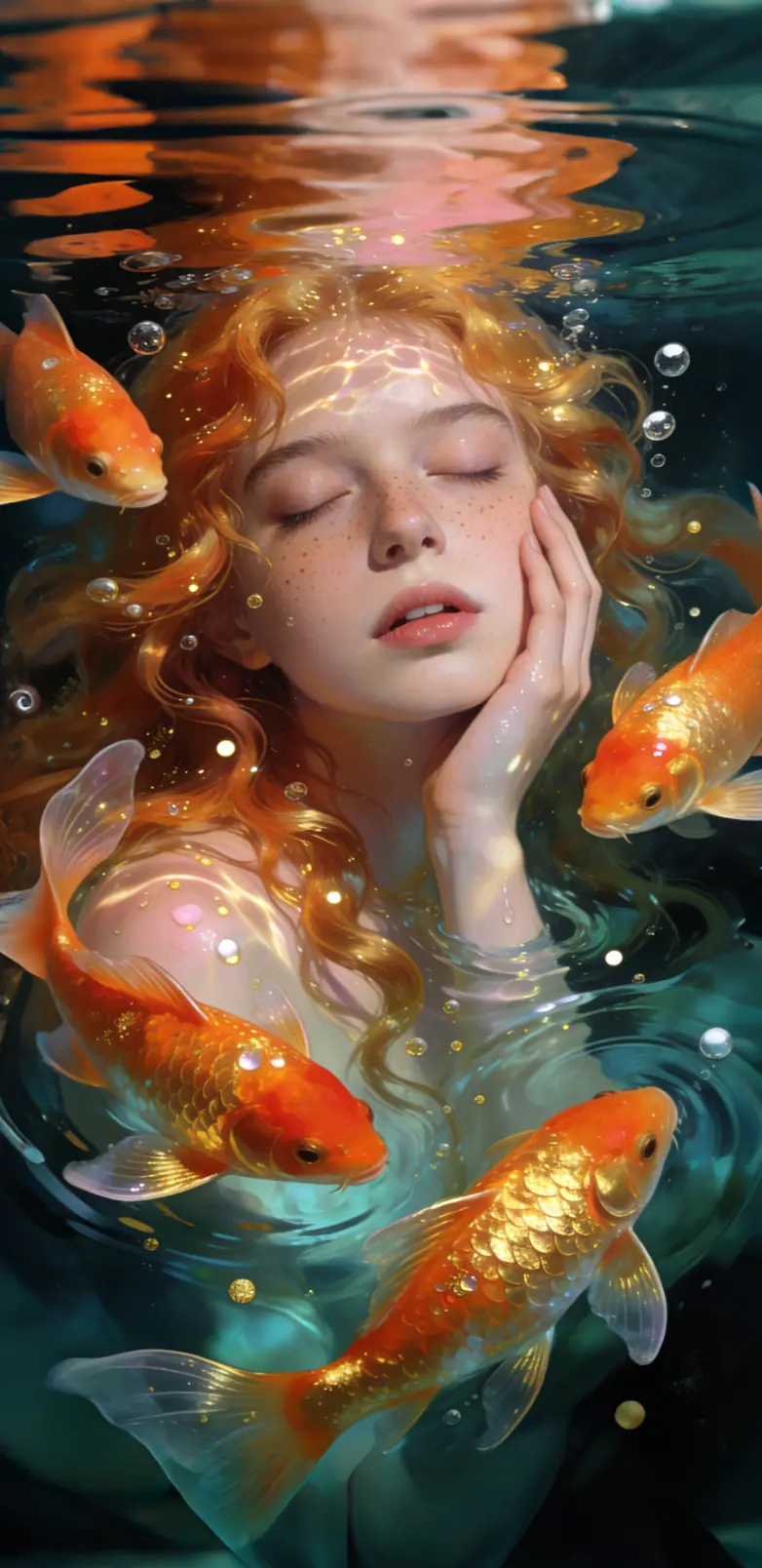 Underwater scene with a girl surrounded by goldfish, generated by AI, included in the Artistic Image Display from AIde.art