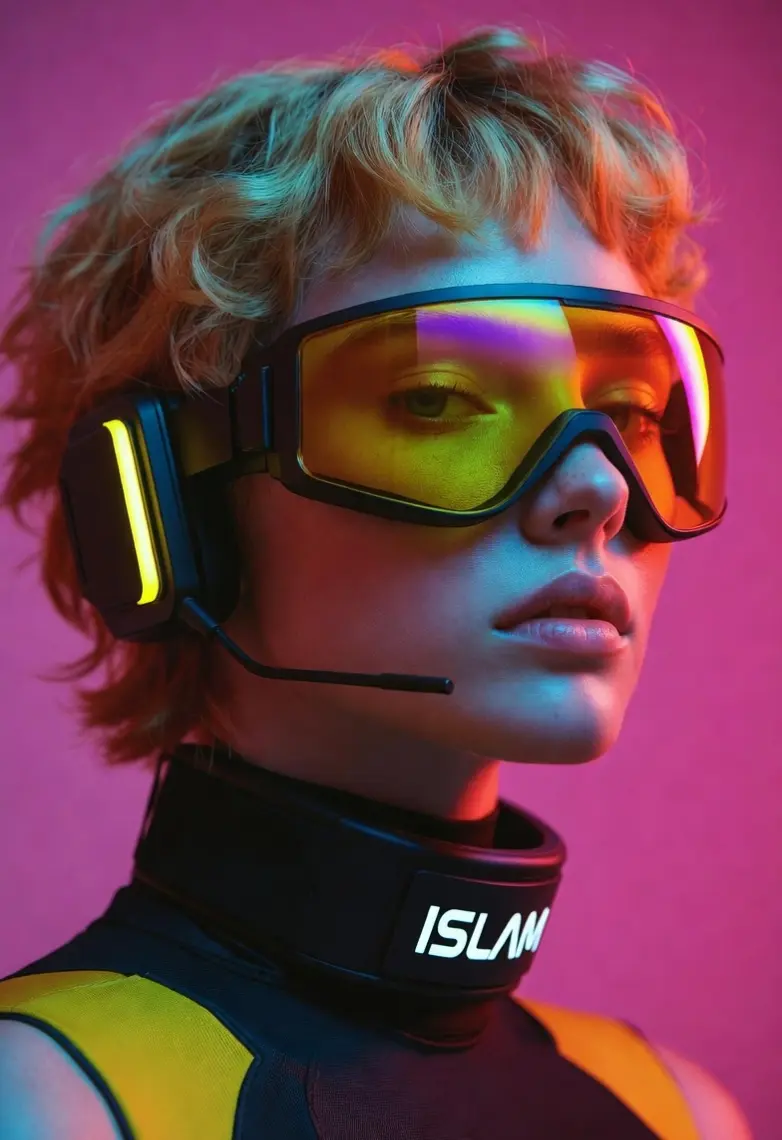 Portrait of a figure in futuristic iridescent goggles and headphones, generated by AI, included in the Artistic Image Display from AIde.art