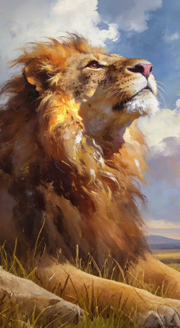 Majestic lion in a sunlit grassy landscape, generated by AI, one of the works in the Artistic Image Display from AIde.art