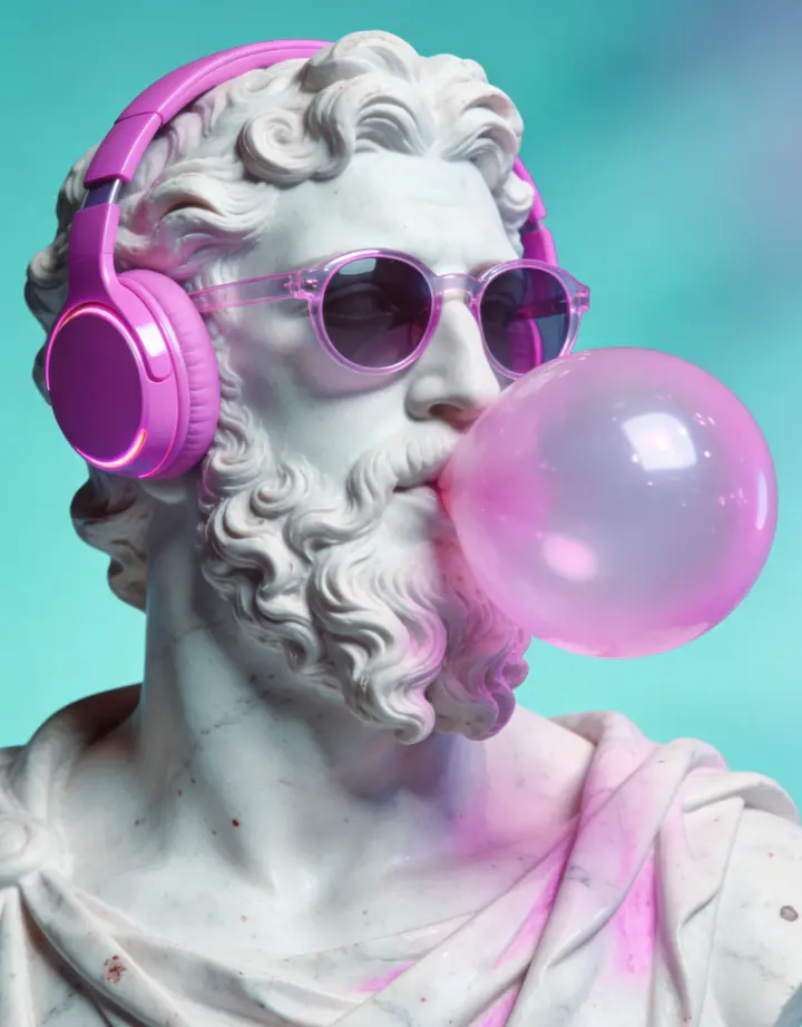 Stylized classical statue (wearing pink headphones and sunglasses, blowing a bubble), generated by AI, part of the Artistic Image Display