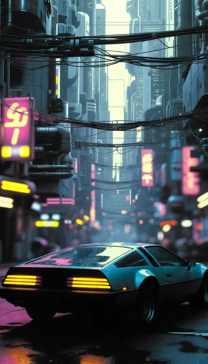Cyberpunk cityscape with neon signs and a retro sports car, generated by AI, one of the works in the Artistic Image Display