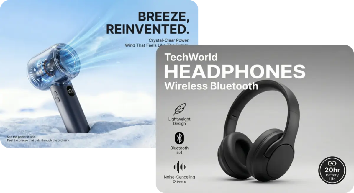 Nano Banana Pro Photoshop plugin demonstration: Industry-leading AI text rendering with crystal-clear multilingual typography. Examples include a bladeless fan ad saying 'Breeze, Reinvented' and TechWorld wireless Bluetooth headphones poster with perfect text details