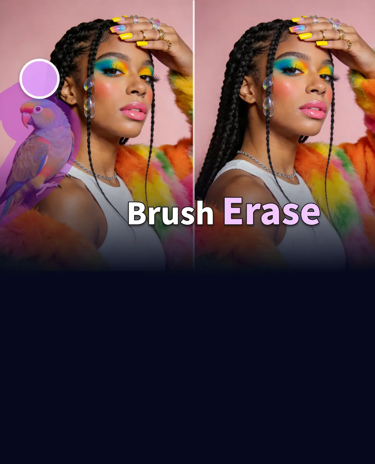 Function display image of Magic Eraser (an Online AI tool by AIde.art): Explains the function of AI-powered one-click erasure and background reconstruction by marking areas with a brush