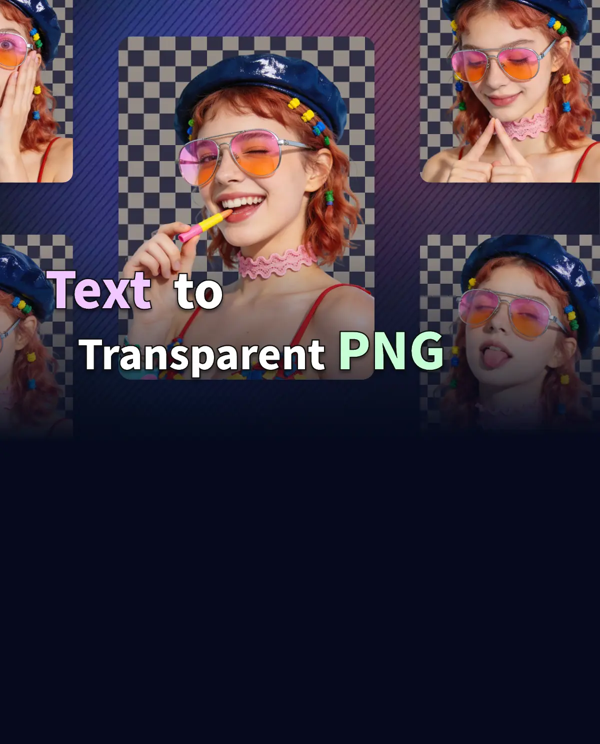 Function display image of AI PNG Generator (an Online AI tool by AIde.art): Explains the function of quickly generating images with perfect alpha channels by describing requirements