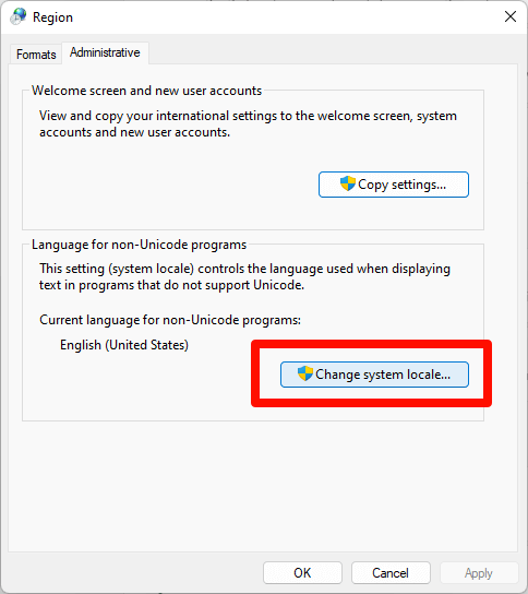 Windows 11 solution: Change system locale.