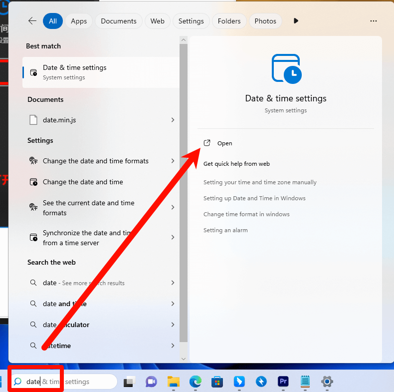 Search for Date & Time in the Start menu