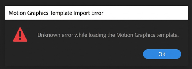  popup appears indicating a Motion Graphics Template impo