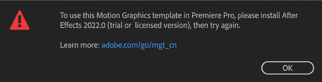 popup appears indicating a Motion Graphics Template impo