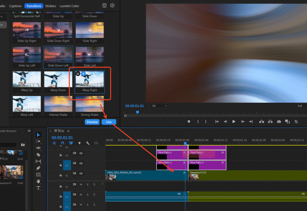 Select the Transition Adjustment Layer generated by PrAide